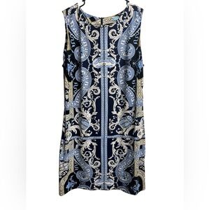 J McLaughlin Sleeveless Catalina Blue Gold Baroque Sheath Dress SZ M